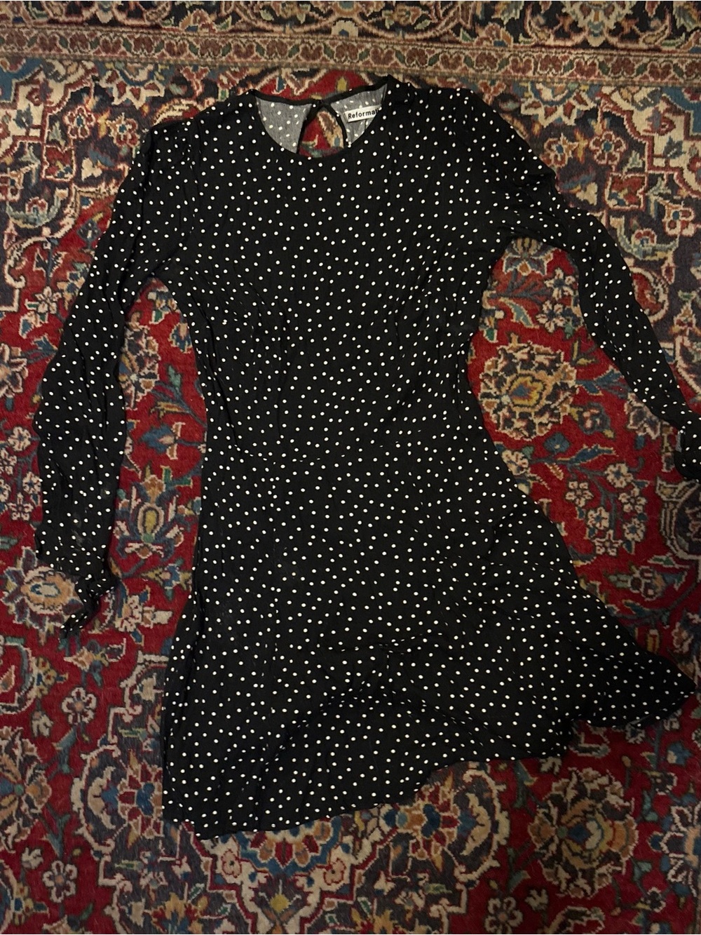Reformation Black Mini Dress with White Polka Dots